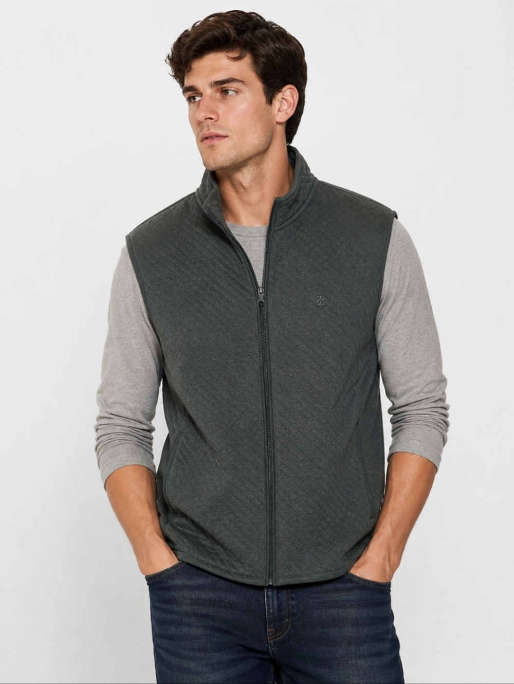 Izod Moss Green Quilted Mens Full Zip Cotton Blend Logo Vest Sz XL